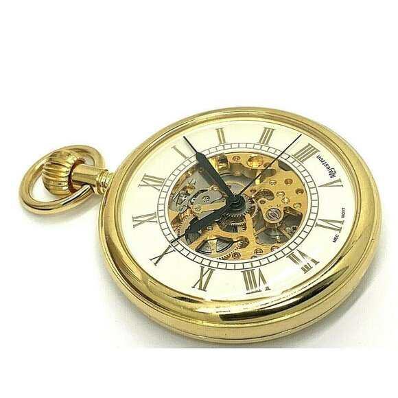 Majestrom Pocket Watch Gold Tone Case Silver Dial Roman Numerals 51mm Op… - Picture 2 of 11